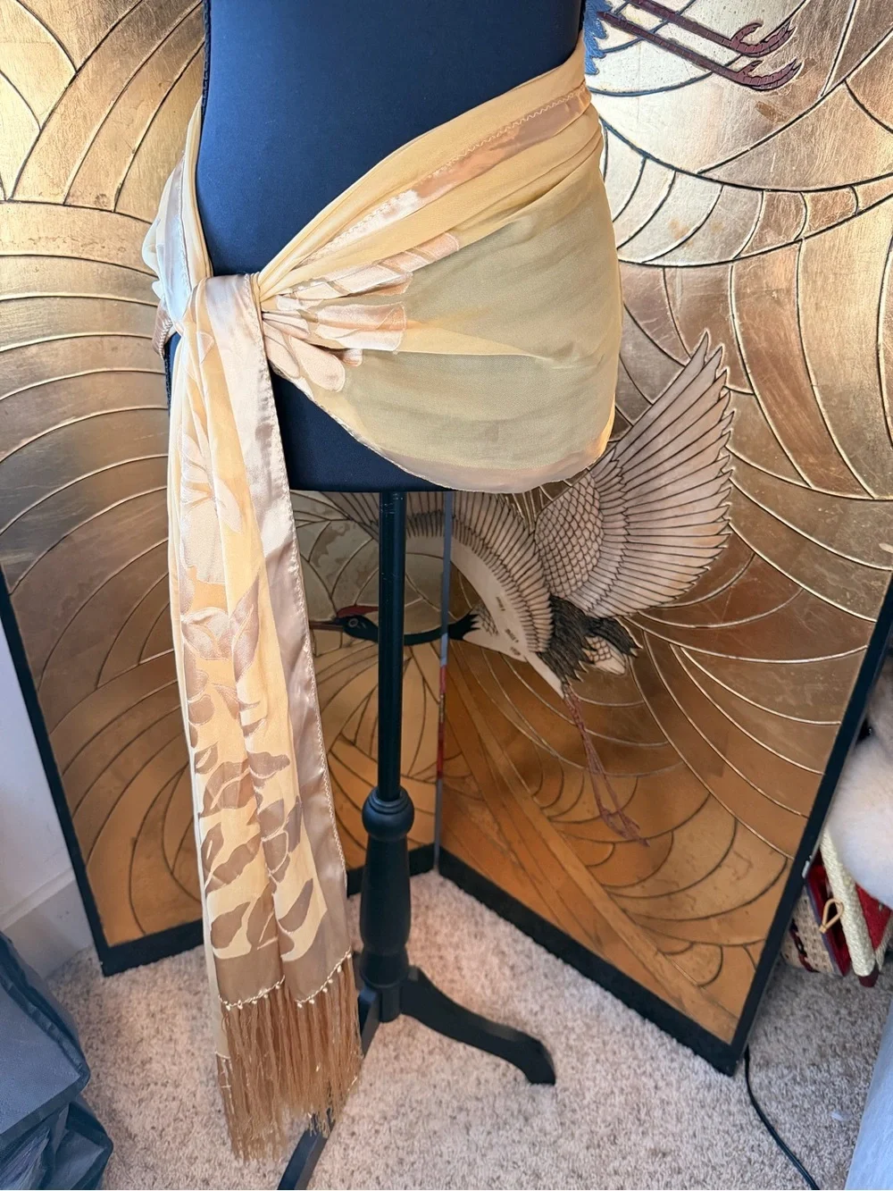 Vintage Silk Floral Fringe Scarf in Champagne Gold